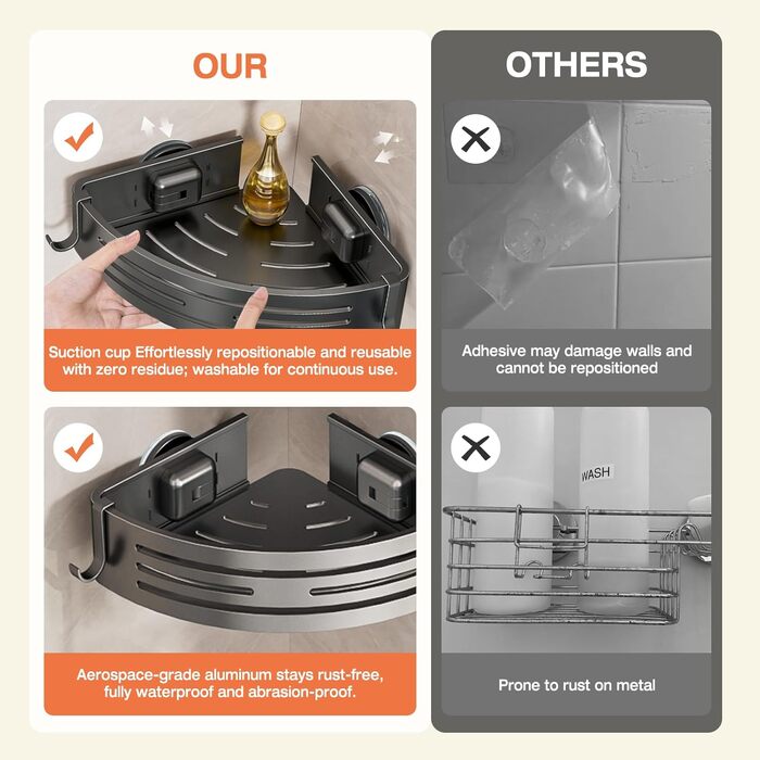 Кутова полиця для душу Lekesky без свердління, з міцними присосками, з алюмінію та нержавіючої сталі, знімна полиця для ванної кімнати, кухні, орендованого житла (набір 2 шт., графітовий сірий колір). Кутова - графітовий сірий.