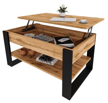 Журнальний столик з підйомною стільницею Стіл для вітальні з регульованою висотою та місцем для зберігання Сучасний чорний дубовий диванний столик Wotan з полицею та прихованим відділенням Журнальний столик для вітальні та офісу, чорний