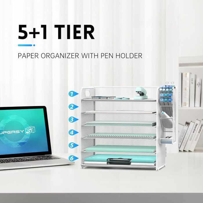 Рівневий лоток для листів з 4 тримачами для ручок, сітчастий органайзер для столу, лоток для листів з ручкою, органайзер для паперу для папок A4, білий, 6-