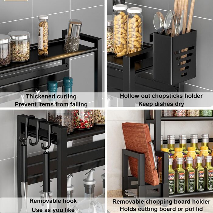 Стелаж для спецій Devesanter, 3 яруси, кухонна стійка для банок для спецій великої місткості, металевий органайзер для стільниці з тримачем для посуду, тримач для обробної дошки, з 6 гачками, чорний