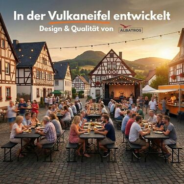 Складаний пивний садовий набір ALBATROS, 3 предмети Міцний розкладний стіл (300 кг) та 2 пивні лавки (500 кг) Комплект пивних столів на 10 осіб Стіл для кемпінгу на вулиці Пивний стіл 182 см Комплект садових меблів