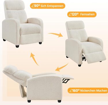 Крісло для відпочинку Yaheetech, крісло для телевізора, одномісний диван, реклайнер з регульованою підставкою для ніг, крісло для відпочинку з тканини букле, кольору слонової кістки.