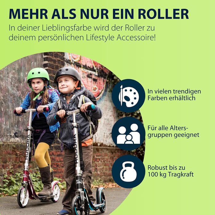 Самокат HUDORA BigWheel 205 стабільний алюмінієвий міський самокат, складаний, з регулюванням висоти та підніжкою, для дітей та дорослих (до 100 кг), сіро-зелений