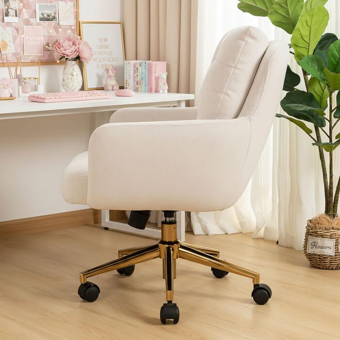 Офісне крісло з м&39якої оксамитової тканини, обертове на 360 крісло з колесами, крісло з регульованою висотою з металевими ніжками та подушкою, бежеве офісне крісло