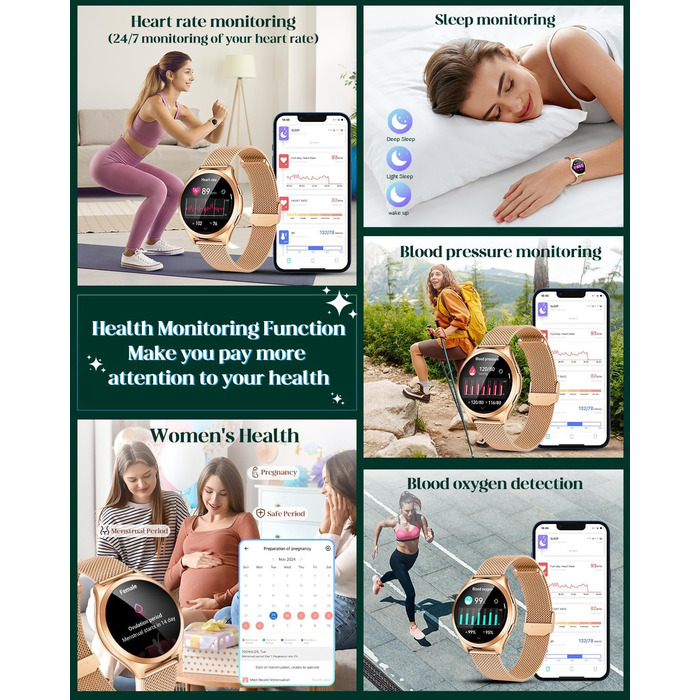 Золотий смарт-годинник для жінок, круглий смарт-годинник для жінок, металевий браслет з функцією телефону, крокомір, монітор сну, серцевий ритм, кров&39яний тиск, водонепроникний 1,27 дюйма, маленький тонкий сенсорний екран, спортивний фітнес-годинник