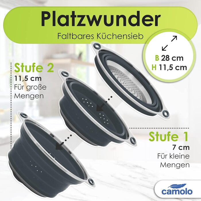 Сито для макаронів Ситечко з нержавіючої сталі та силікону Кухонне ситечко Складний сушарка Термостійкий та компактний сірий