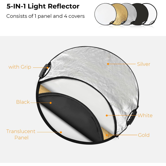 В-1 Комплект для фотозйомки з рефлектором (110 см), складаний відбивач з сумкою для зберігання та ручкою, напівпрозорий, сріблястий, золотий, білий і чорний круглі відбивачі для фотографії 110см з ручкою, 5-