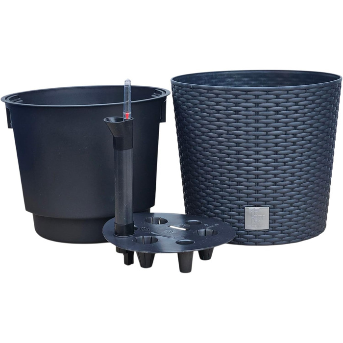 Квітковий горщик HappyFlower MultiProject із вставкою, круглий, під ротанг, 4 розміри, 4 кольори, кашпо (300, чорний) 300 антрацит