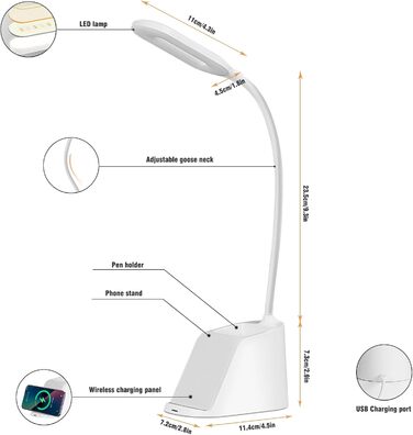 Настільна лампа UEASE LED з бездротовою зарядкою, 3 кольори безступінчаста настільна лампа з регулюванням яскравості Kids з тримачем для ручки та тримачем для мобільного телефону, гнучка настільна лампа на 360 Gooseneck для офісу, навчання