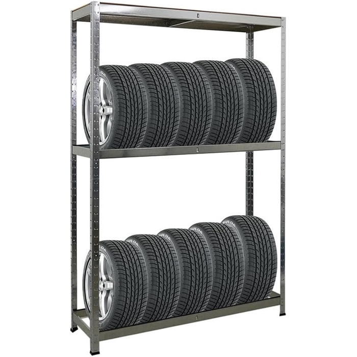 Стелаж для шин PROREGAL Ragnar (ВxШxГ 180x120x40 см) для розміщення до 8 шин на 2 рівнях полиця, вантажопідйомність 265 кг, оцинкований, підходить для майстерень, складів та підвалів.