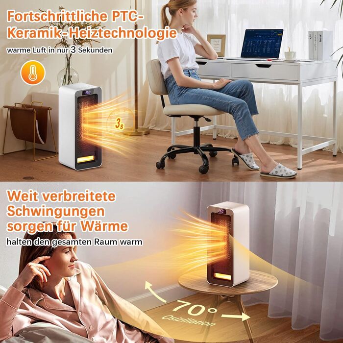 Невеликий енергозберігаючий електричний обігрівач - 1500 Вт з керамічним нагрівальним елементом PTC, 3-швидкісний нагрів, захист від перегріву та перекидання, електричний нагрівач