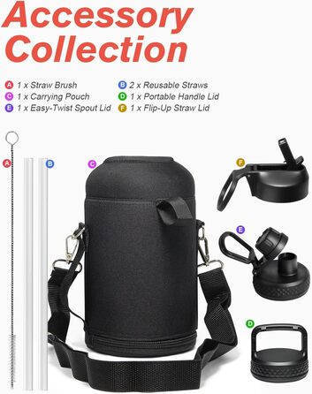 Пляшка для води Coolflask, ізольована, з соломинкою та 3 кришками, глечик для води 1,8 л, великий металевий, з нержавіючої сталі,