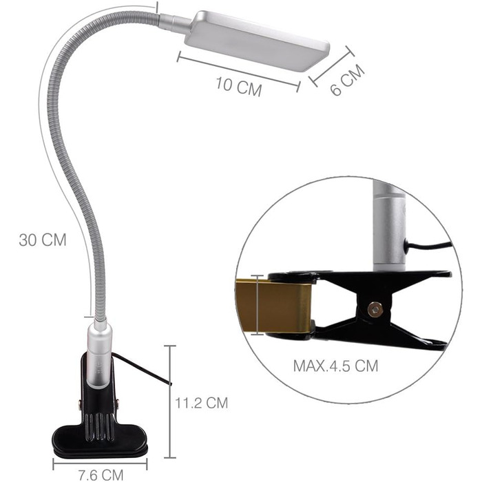 Світлодіодний затискач з можливістю затемнення Сріблястий, 5 Вт 450 Лм Світлодіодний затискач Лампа для читання Настільний приліжковий світильник із затискачем і сенсорним вимикачем для ліжка Спальня, денне світло 5000K, 3 шт. яскравість з можливістю регу
