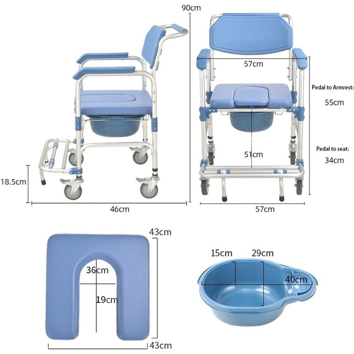 Крісло для душу UHJKLA з колесами, Туалетне крісло 4-в-1, Сидіння для туалету, Водонепроникний горщик з колесами, Туалетне крісло, що перекочується, вантажопідйомність 150 кг, Нічний рушник