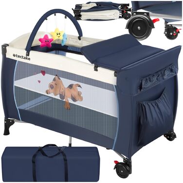 Дитяче ліжечко tectake Baby Travel Cot, дитяче ліжечко, регульоване по висоті ліжечко з матрацом та сумкою для перенесення, дитяче ліжко, дорожнє ліжечко, портативне приліжкове ліжечко для немовлят - 132 x 75 x 104 см - темно-синій, синій, з малюком собак