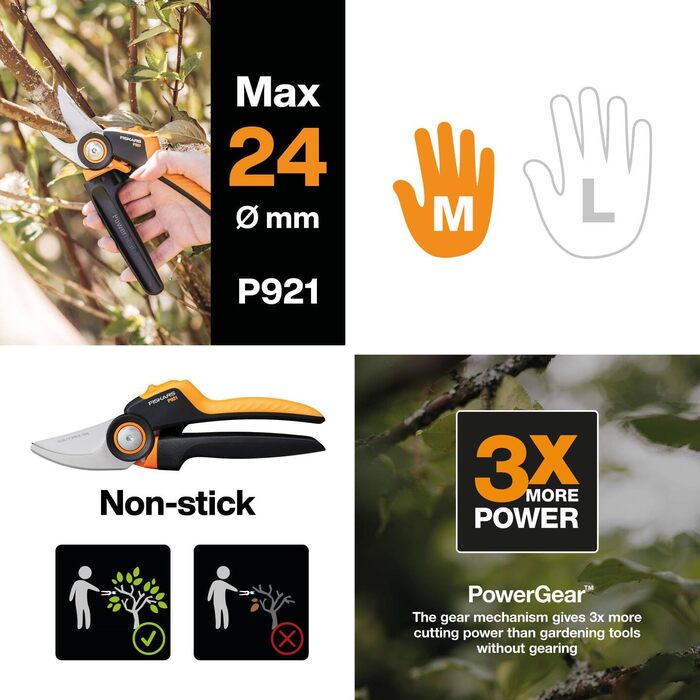 Садові ножиці Fiskars Bypass M, X-серія PowerGear, P921, З ручкою, що обертається, Для свіжих гілок та сучків, Антипригарне покриття, Леза з нержавіючої сталі, Довжина 20,1 см, Чорний/Помаранчевий, 1057173 X-серія P921