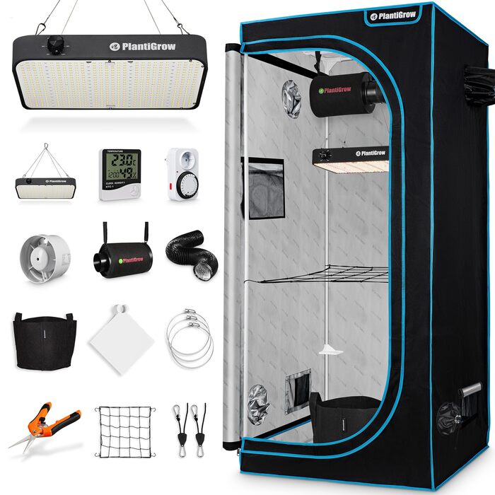 Комплект для вирощування в приміщенні з LED-лампою повного спектру 150W (з димером), 1680D, вугільним фільтром, канальним вентилятором та витяжним рукавом (80x80x180 см)