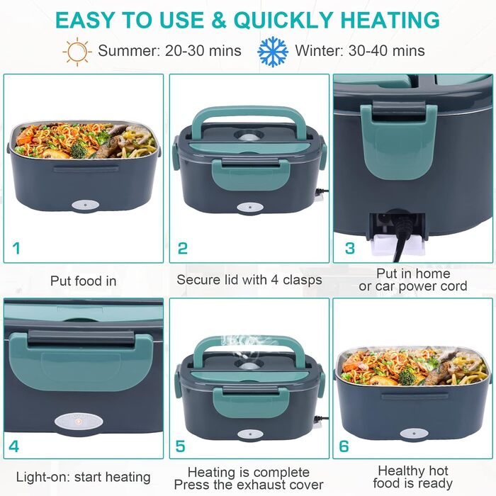 Електричний ланч-бокс XREXS, 3 в 1 (12 В/24 В/220 В) 60 Вт 1,5 л підігрівач їжі для автомобіля, електричний ланч-бокс з нержавіючої сталі/вантажівки, для дому, кемпінгу, портативний підігрівач бенто 60 Вт з виделкою та ложкою