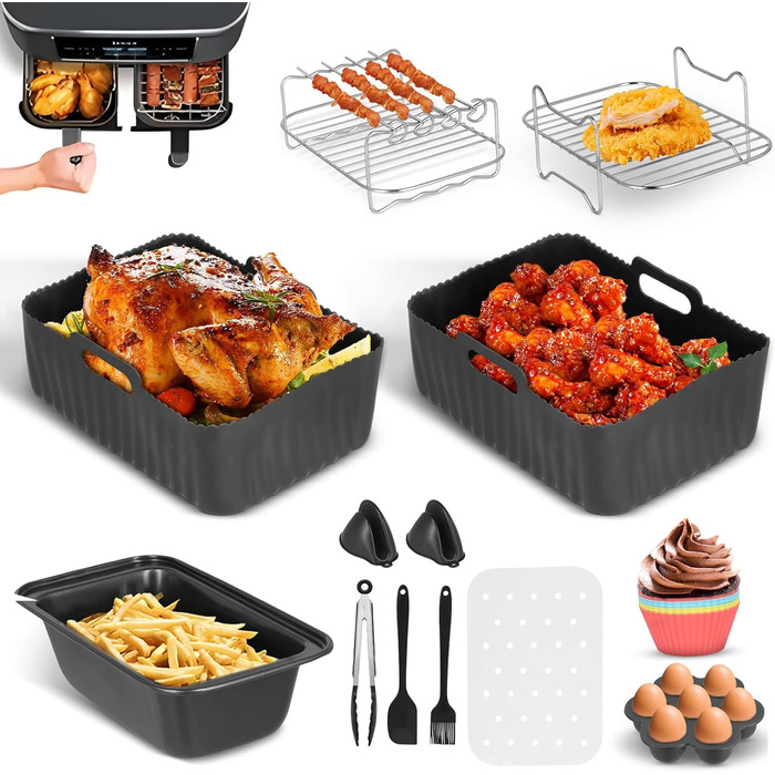 Аксесуари для двозонної фритюрниці Vusddy з 12 предметів для Ninja Foodi Max AF300EU/AF400EU/AF500EU, двокамерний набір аксесуарів для фритюрниці XL для Innsky, Princess, Tiastar, Devology, Emerio 7.6-10.4L
