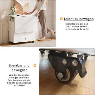 Мобільний розкладний стіл, розкладний обідній стіл на колесах, розкладний стіл з 1 великою шафою та 1 відкритим відділенням, мобільний обідній стіл для невеликих приміщень, їдальня, кухня, 120 x 70 x 78 см, білий, 120x70x78 см, білий