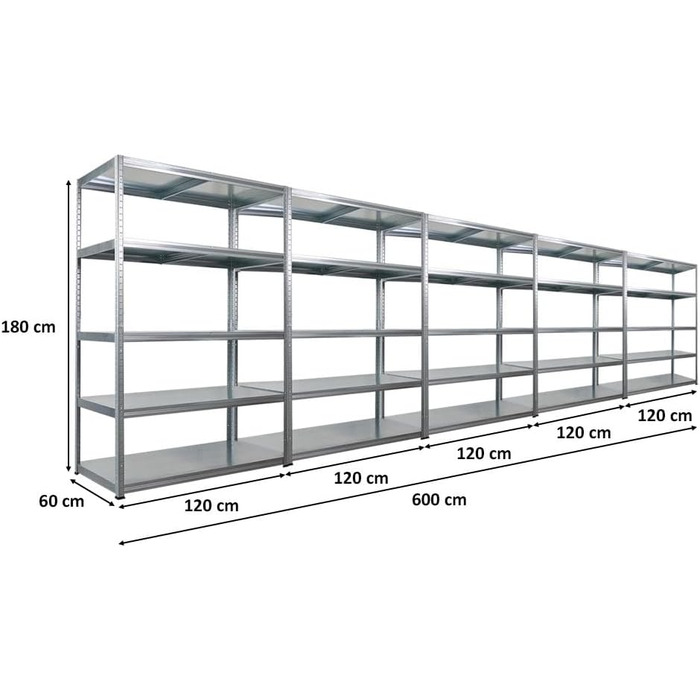 Набір економ-класу з 5 предметів Металеві стелажі Steel Eagle 180x120x60 см Навантаження на полицю 130 кг Оцинковані надміцні стелажі, кухонні стелажі, стелажі для підвалу, стелажі без болтів, гаражні стелажі, стелажі для зберігання 5 шт. ВxШxГ 180x120x60