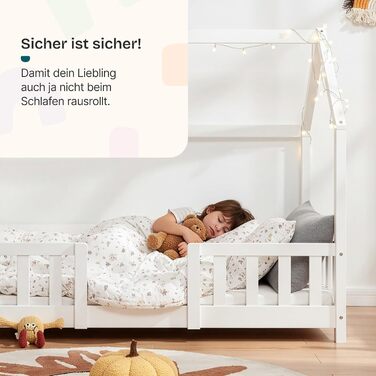 Ліжко Sisimiut Montessori House 80 x 160 см із захистом від падіння, дерев&39яне дитяче ліжко, підлогове ліжко, рейкова основа, сосна, матово-білий колір, 80 x 160 см, матрац не входить до комплекту