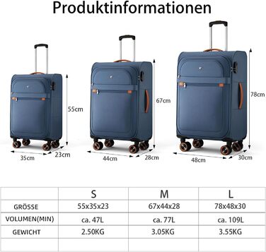 Ручна валіза Trier Soft Shell 55 35 23 см, легка тканинна валіза на колесах, дорожня валіза з колесами та кодовим замком, 47 літрів, темно-синя, розмір S