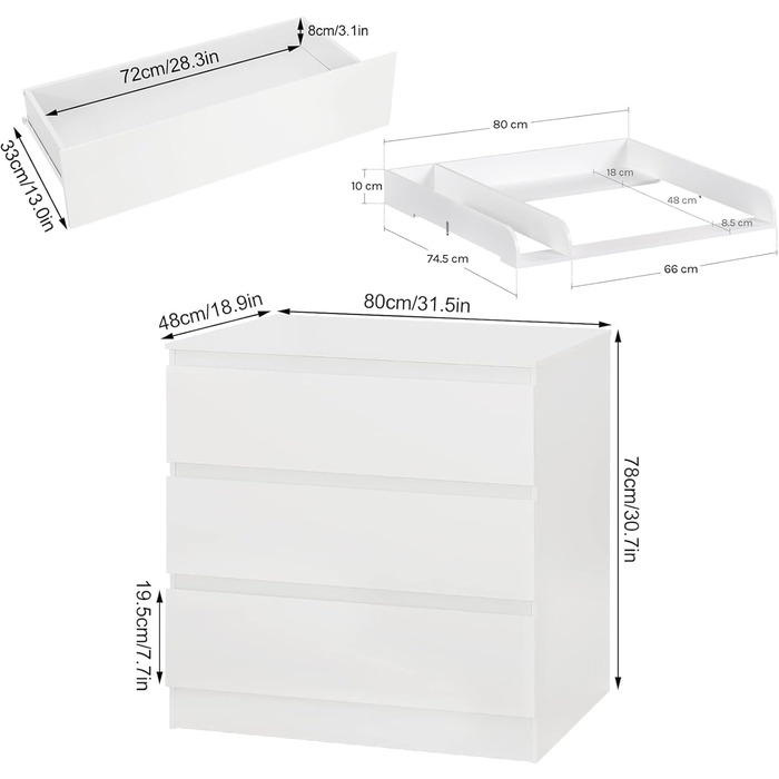 Пеленальний столик WOLTU з пеленальною стільницею, комод з 3 шухлядами, пеленальний столик з тихими металевими напрямними та захистом від перекидання, 86 см для поперекової підтримки, білий