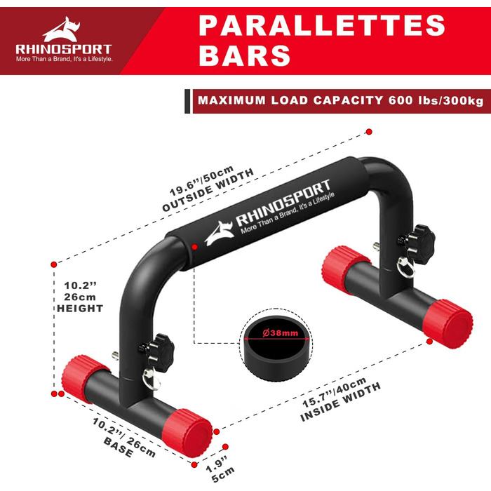 Турніри Parallettes Dip для калістеніки, віджимання, висота 10,2 дюйма, вантажопідйомність 300 кг/661 фунтів, силові тренування, домашній тренажерний зал, обладнання для калістеніки 19,6x10,2x10,2 дюйма, червоний
