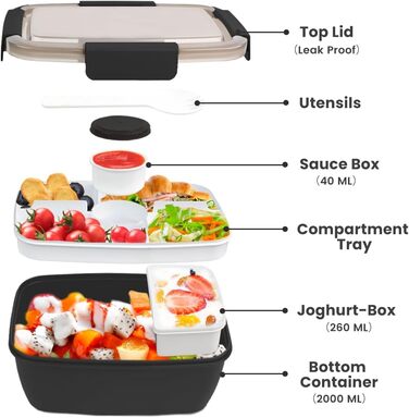 Ланчбокс Bugucat 2000 мл для дорослих, герметичний контейнер для обіду з роздільниками, бento-бокс для дітей, контейнер для салату з виделкою, для школи, пікніка чорний