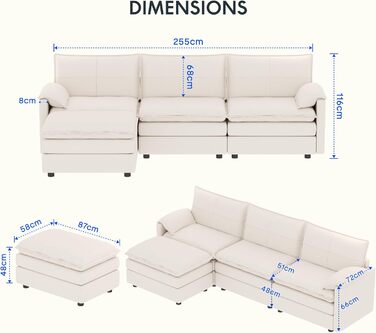 Диван FLEXISPOT на 4 особи, L-подібний кутовий диван з пуфом та місцем для зберігання речей, модульний компактний диван для вітальні, білий, 255 x (7258) x 116 см
