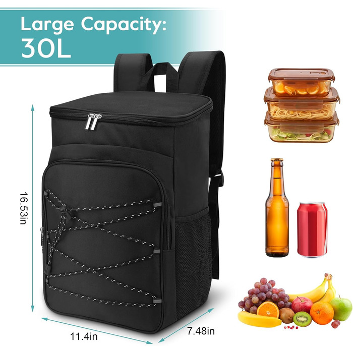 Рюкзак-холодильник, водонепроникний рюкзак-холодильник, велика ізольована сумка-холодильник для обіду для пікніків, кемпінгу, подорожей на природі, барбекю, походів, чорний