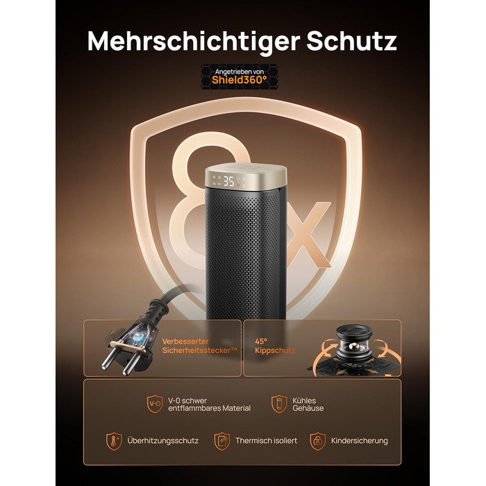 Енергозберігаючий тихий вентилятор-обігрівач DREO, керамічний нагрівальний елемент 2000 Вт з термостатом, 12-годинний таймер, 3 режими, коливання 70, 16-дюймовий електричний кімнатний обігрівач, захист від перегріву та перекидання, Solaris Slim H2, золоти