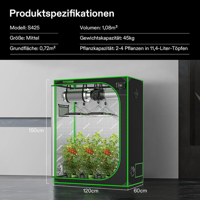 Намет для вирощування VIVOSUN S425 120x60x150 см. Намет для вирощування в приміщенні, виготовлений із майлара з високою відбивною здатністю, із оглядовим віконцем і піддоном для підлоги для внутрішньої гідропонної системи вирощування для VS2000