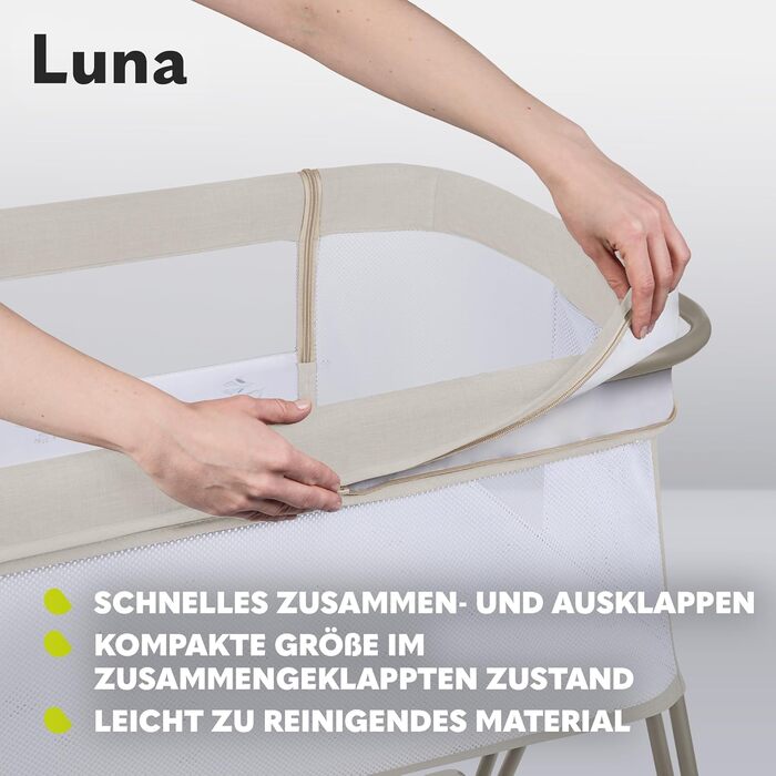 Портативне ліжечко Lionelo Luna ONE з матрацом, дорожнє ліжечко, від новонароджених до 9 кг, регульована висота та нахил, 4 колеса з гальмами, кріплення до ліжка батьків (бежевий) Бежевий одномісний