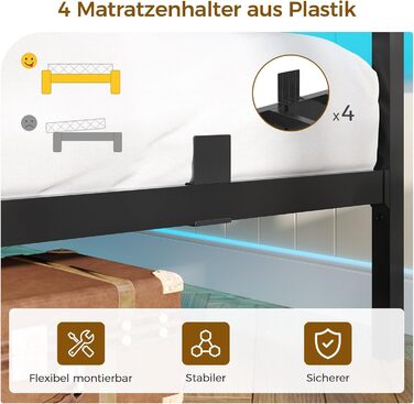 Ліжко 140x200 зі світлодіодним освітленням, каркас ліжка 140x200 з металевою рейковою основою, металеве ліжко з розеткою, дерев&39яне узголів&39я з 2 відкритими полицями, місце для зберігання речей під ліжком, спальня, вінтажний коричневий 140 x 200 см