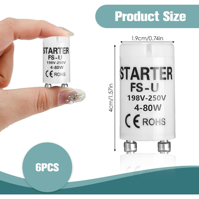 Універсальний стартер Rumgug 6 шт. для люмінесцентних ламп і світлодіодів, FS-U 4-80 Вт, 198-250 В, ефективне запалювання для одного контуру (Набір B)