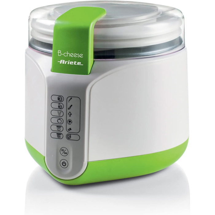 Машина для сиру та йогурту з 6 програмами, м'яка на дотик панель керування, контейнер 500 мл з антипригарним покриттям, максимальна температура 90C, включаючи книгу рецептів, 500 Вт, білий/зелений, 615