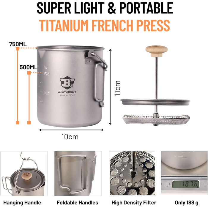 Кавоварка Bestargot French Press Titanium для кемпінгу, титанова чашка-горщик об&39ємом 750 мл макс. для активного відпочинку та кемпінгу, надлегкий кемпінговий посуд, 188 г для бушкрафту та подорожей, титановий тип 1-750 мл з кавовим фільтром