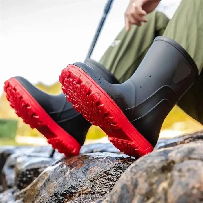 Чоловіче гумове взуття, водонепроникні гумові чоботи, чоловіче взуття, зносостійкі пластикові гумові чоботи, на низькому каблуці, чорно-червоні туфлі, розмір 41 EU