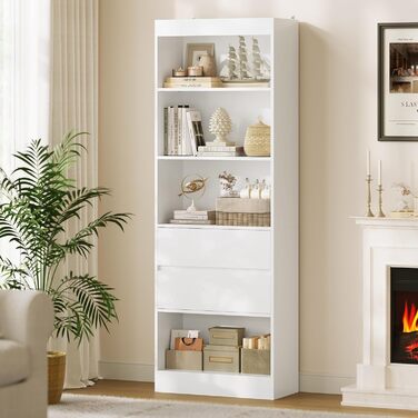 Книжкова шафа, книжкова шафа з 2 шухлядами та 4 відділеннями, шафа для вітальні з регульованими полицями, висока шафа для вітальні, спальні, кабінету, кухні, компактна, 180x60x24 см, білий