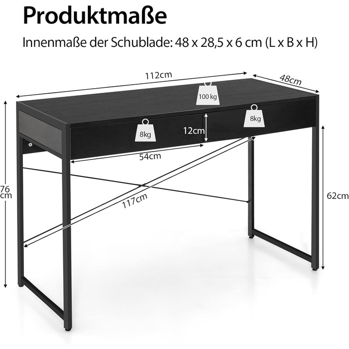Стіл, комп'ютерний стіл з 2 шухлядами, невеликий офісний стіл, метал, промисловий дизайн, стіл для ПК для навчання, домашнього офі