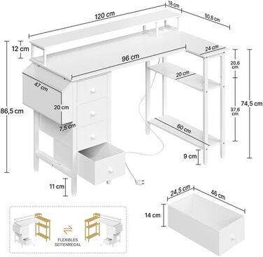 Г-подібний стіл Yaheetech з розетками, 120 x 68 см, білий, двосторонній ігровий стіл з кріпленням для монітора, 4 шухляди, 2 полиці та 1 сумка для зберігання, кутовий стіл для домашнього офісу