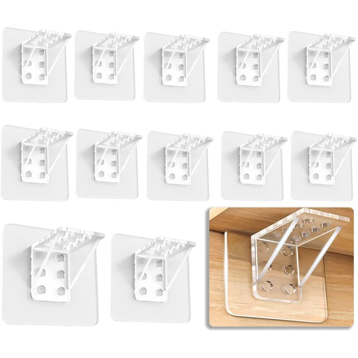 Клейкі гачки для полиць шафи, самоклеючі, прозорі опори для полиць, кронштейни для полиць, клейкі гачки, опори для основи, тримачі для полиць, шафа, тримачі для скла, полиці, прозорі, один розмір (12) 12 прозорих