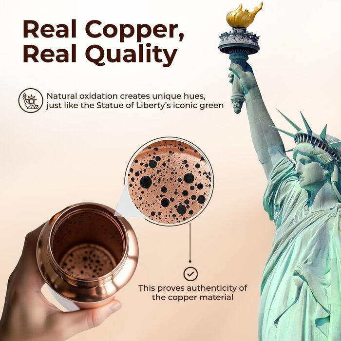 Пляшка для води CLEO HOME (950 мл/32 унції) ручної роботи, кувана, зі 100 аюрведичної міді, зі щіткою для чищення та лляним чохлом Перевірена в лабораторії, герметична пляшка, класична