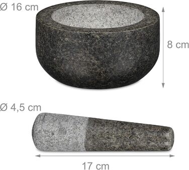 Гранітний розчин Relaxdays з товкачиком, міцний і довговічний, спеції, трави, полірований кам'яний розчин, Ø 16 см, 400 мл, сірий,