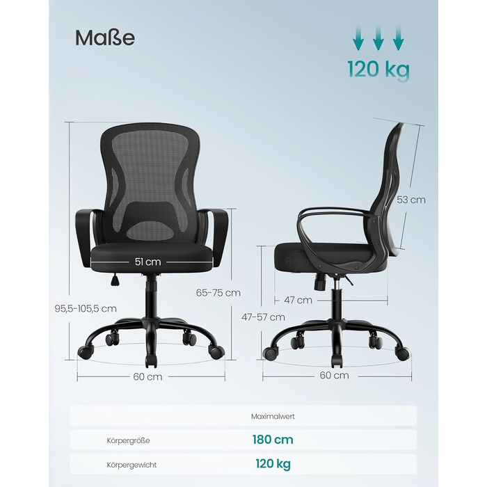 Ергономічне офісне крісло SONGMICS, обертове крісло з сітчастою тканиною, робоче крісло з поперековою опорою, функція гойдання, підлокітники, для кабінету, спальня, чорний колір OBN043BH02