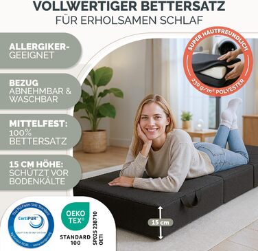 Розкладний матрац Blumtal 140x200 см - 3-секційний розкладний матрац для гостей, надзвичайно товстий (15 см) - розкладний матрац з пінопласту, що дбає про спину - Розкладний матрац чохол антрацитового кольору, приємний для шкіри та пральний, 140 x 200 x 1