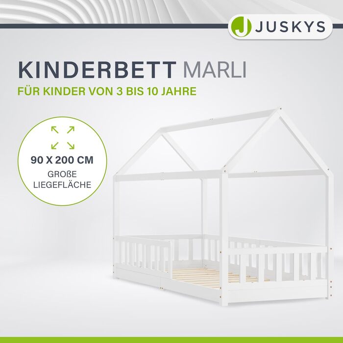 Дитяче ліжко Juskys Marli 90 x 200 см з матрацом, захисними поручнями, рейковою основою та дахом - Ліжко-будиночок з масиву дерева для дітей - Ліжко білого кольору