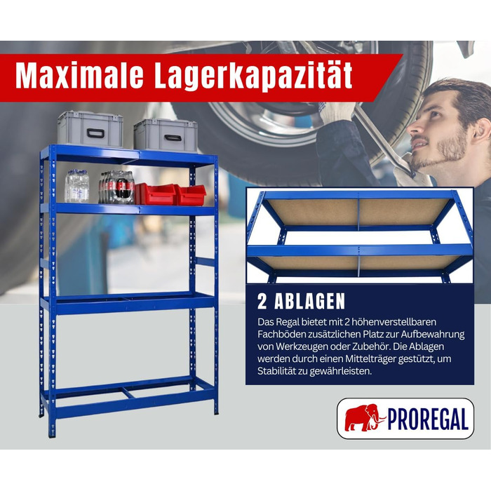 Стійка для шин PROREGAL Tiger ВxШxГ 180x120x40 см До 12 шин на 2 рівнях 2 полиці Синій Полиця для майстерні, полиця для зберігання, полиця для підвалу 12 шин 2 полиці Синій